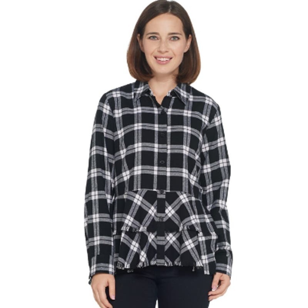Joan Rivers Women's Button Up Plaid Peplum Shirt with Fringe Hem Size 22W NWOT